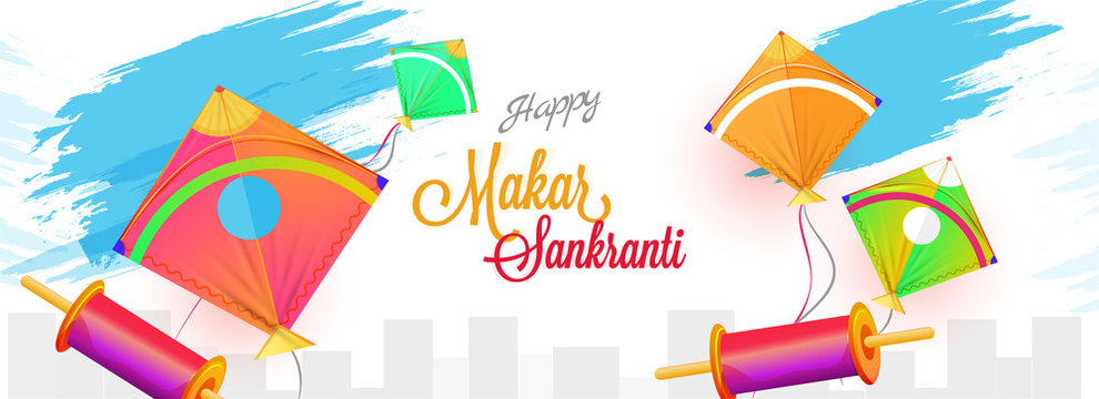 Stylish lettering of Happy Makar Sankranti with colorful kites and spool on abstract background. Website banner or header design.