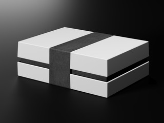 White box mock up. Blank flat white paper cardboard box template lying on black background Packaging collection. 3D Rendering.
