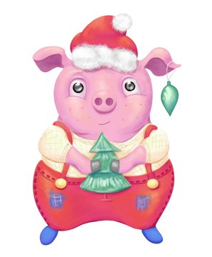 A pink piggy is standing dressed a red overall, a christmas hat, a yellow shirt and keeping a decoration fir on the white background, symbol new 2019 year, cute cartoon character