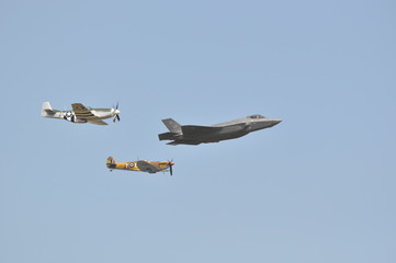 Spitfire, P-51 Mustang & F35 in formation
