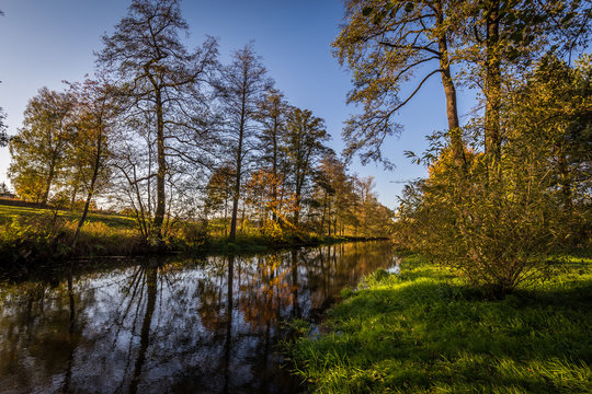 Autumn river Sazava with colorful trees in the sunset with great reflection on water