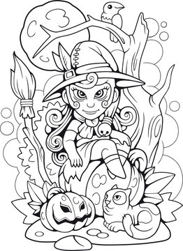 cartoon cute witch sitting on a pumpkin, funny illustration, coloring book