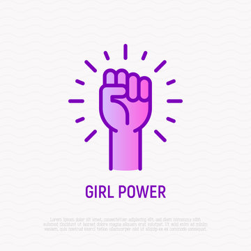 Girl power thin line icon: woman's hand with fist. Modern vector illustration.
