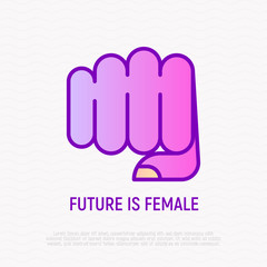 Future is female thin line icon: woman's fist. Modern vector illustration.