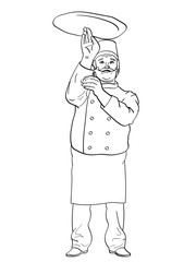 Man cook pizza. Chef tossing pizza dough. Comic book style imitation. Vintage retro style. Object Coloring book