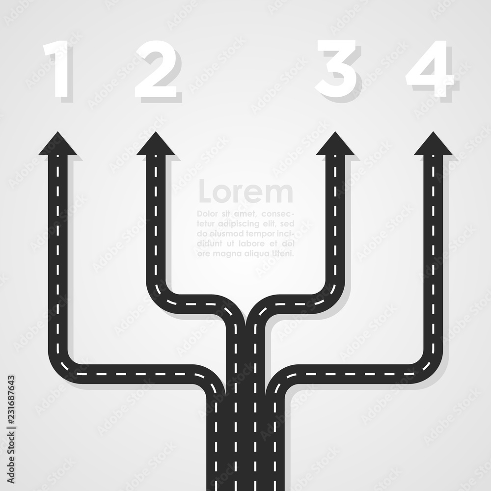 Poster road infographics template with four options pointig upward. traffic inforgraph vector illustration 