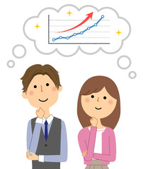 右肩上がりのグラフを想像する若いカップル