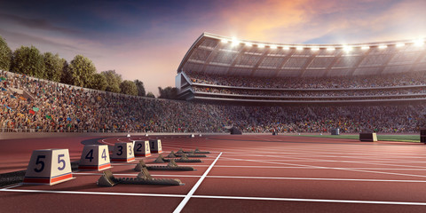 Running track 3D illustration. Professional athletics stadium. Starting line with starting block