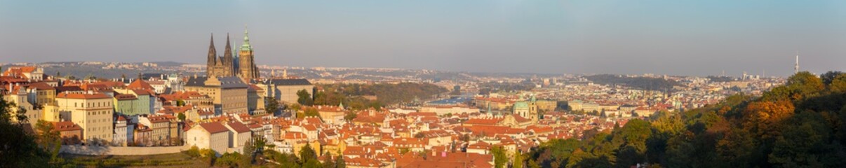 Fototapeta na wymiar Prague - The panorama of the Town with the Castle and St. Vitus cathedral in evening light.