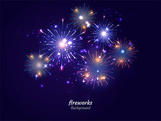 Naklejka premium Colorful Fireworks on night sky background. Vector illustration