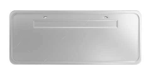 Empty steel car plate with scratches isolated on white background. 3D image.