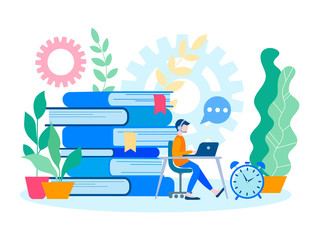  young student studying in courses, prepares for exams.