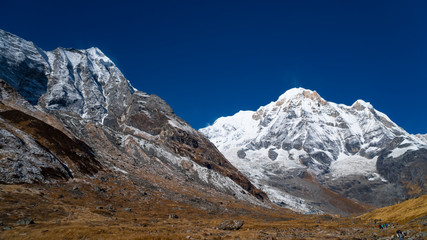 Fototapeta na wymiar Himalayas mountain landscape in the Annapurna region. Annapurna peak in the Himalaya range, Nepal. Annapurna base camp trek. Snowy mountains, high peaks of Annapurna