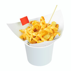 Tasty french fries in white cup with cheese sauce isolated on white background. Deep fry potato or appetizer. ( Clipping path )