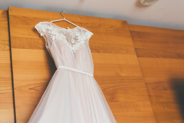 Fototapeta na wymiar Top of the wedding pink dress, close up