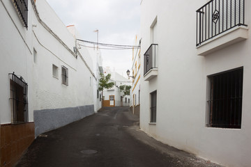 Fototapeta na wymiar Facades of spanish houses in the white city of Conil de la Frontera on the Costa del luz