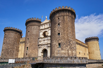Fototapeta na wymiar Castel nuovo medieval architecture castle with towers military fortress in Naples historic monument landmark ancient history building