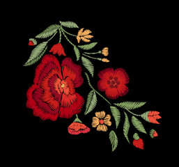 Embroidered bouquet of flowers on a black background. Vector floral print.