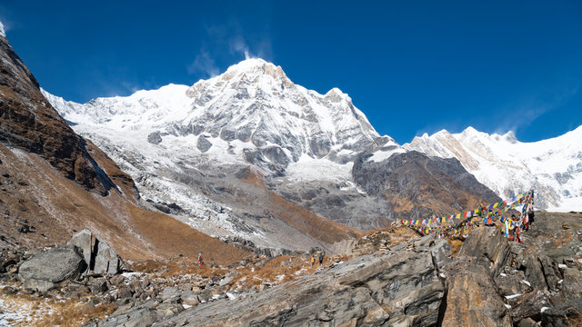 Himalayas mountain landscape in the Annapurna region. Annapurna peak in the Himalaya range, Nepal. Annapurna base camp trek. Snowy mountains, high peaks of Annapurna