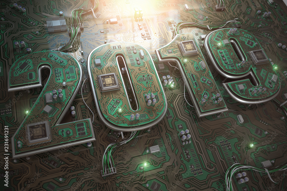 Poster 2019 on circuit board or motherboard with cpu. Computer technology and internet commucations digital concept. Happy new 2019 year.