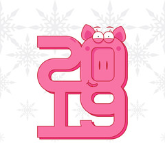 Happy New Year - greeting card with pink Pig, inscription 2019 and snowflakes on background.