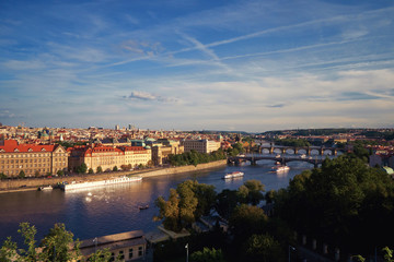 Fototapeta na wymiar Prague bridges and famous Charles bridge across Vltava river, sunset sky, Czech republic medievil architecture historical and cultural landmark