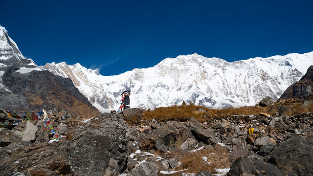 Himalayas mountain landscape in the Annapurna region. Annapurna peak in the Himalaya range, Nepal. Annapurna base camp trek. Snowy mountains, high peaks of Annapurna
