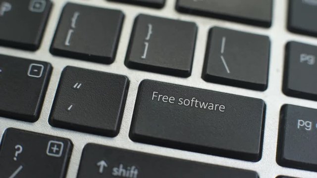 Free software button on computer keyboard, female hand fingers press key