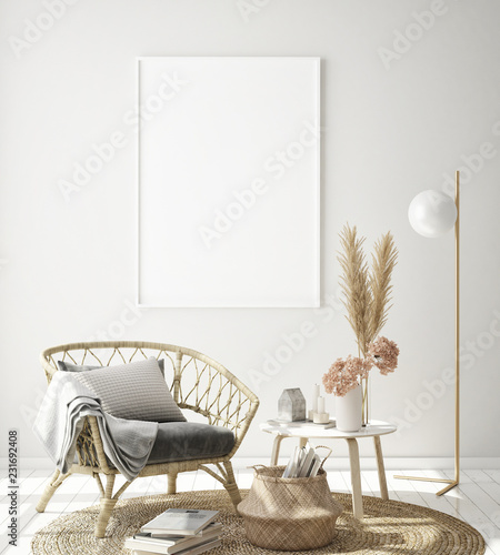 mock up poster frame in modern interior background, Scandinavian style, 3D render, 3D illustration