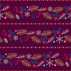 Christmas seamless pattern with berry, fir branches, snowflakes, holly