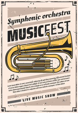 Symphonic orchestra at music fest, vintage poster