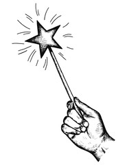 the magic wand in his hand holds the wishes of the sketch. wonders isolated vector object