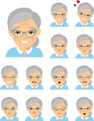 Set of different european avatar old women in colorful flat style. Collection of various emotion expression avatar age female happy, angry, sad, funny.
