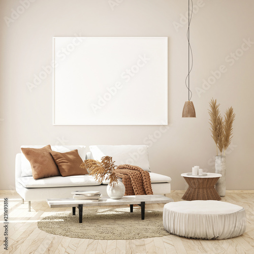 mock up poster frame in modern interior background, Scandinavian style, 3D render, 3D illustration