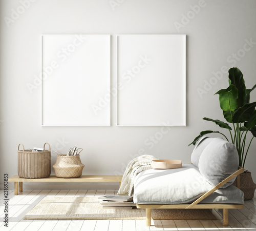 mock up poster frame in modern interior background, Scandinavian style, 3D render, 3D illustration