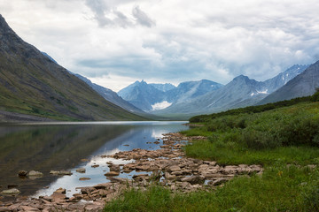 Polar Urals, a summer landscape with mountains, a lake of Hadata, Yamal