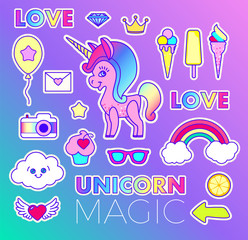 Stickers Set with Unicorn, Love Text, Crown, Letter, Arrow, Rainbow, Star, Comet, Diamond, Flying Heart, Ice Cream, Cloud, Sun Glasses, Camera and Cake. Patch Badges Collection.
