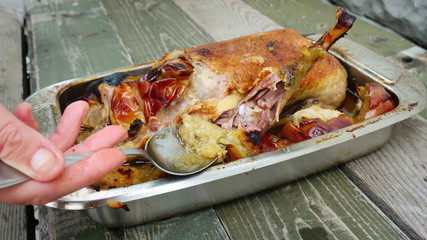Duck with apples, traditional rustic recipe.Selective focus.