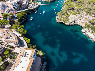 Aerial view, Cala Figuera bay and Caló d'en Busques with harbor Port de Cala Figuera, municipality of Santanyi, region of Porto Petro, Mallorca, Balearic Islands, Spain