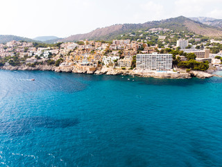 Aerial view, Spain, Balearic Islands, Mallorca, Calvia region, Costa de la Calma, overlooking Peguera, Cala Fornels with hotels and beaches