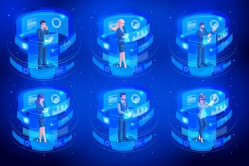 Isometrics set of businessmen and business ladies work on virtual screens, watch reports on sales and sales schedules. High tech