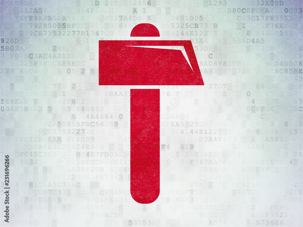 Poster building construction concept: painted red hammer icon on digital data paper background