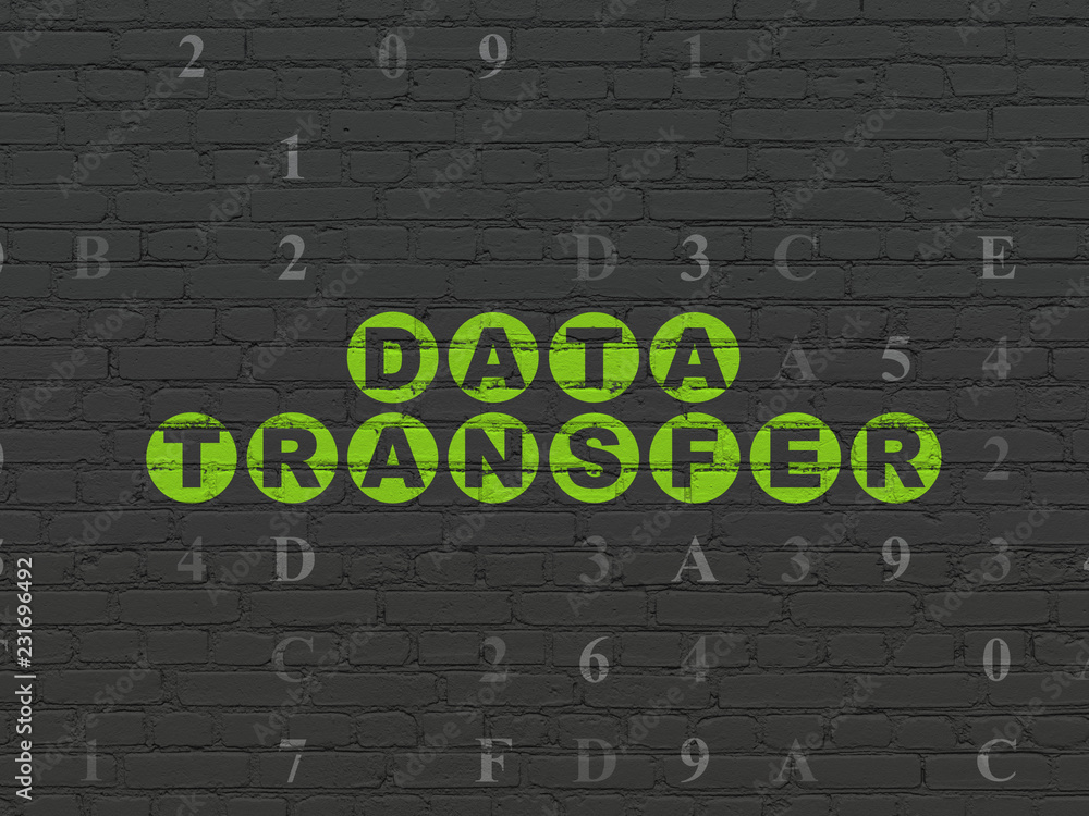 Poster data concept: painted green text data transfer on black brick wall background with hexadecimal code