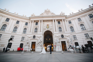 Couple walk near the big palace. Elegant groom and bride in their wedding clothes. Love