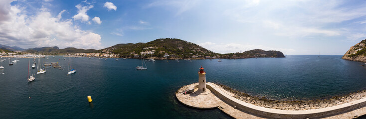 Aerial view, Spain, Balearic Islands, Mallorca, Andratx region, Port d'Andratx, coast and natural harbor with lighthouse