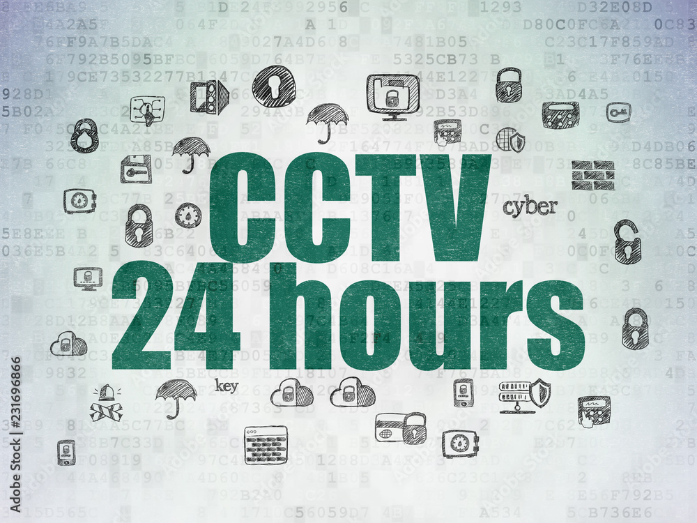 Poster security concept: painted green text cctv 24 hours on digital data paper background with hand drawn 