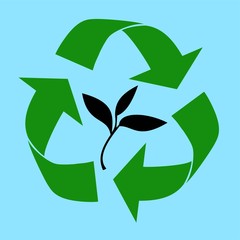 Recycling green symbol icon with a plant. Recycle sign. Environmental clipart isolated on blue background