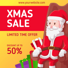 Christmas sale banner template with illustration of santa claus sit on sofa with gift box 