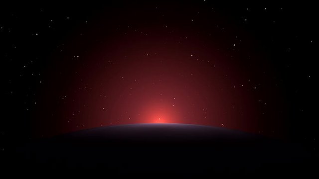 Starry sky and sunrise over the planet.