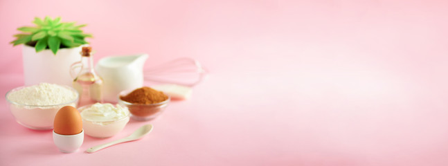 Fototapeta na wymiar Healthy baking ingredients - butter, sugar, flour, eggs, oil, spoon, brush, whisk, milk over pink background. Banner. Bakery food frame, cooking concept with succulent plant. Copy space.